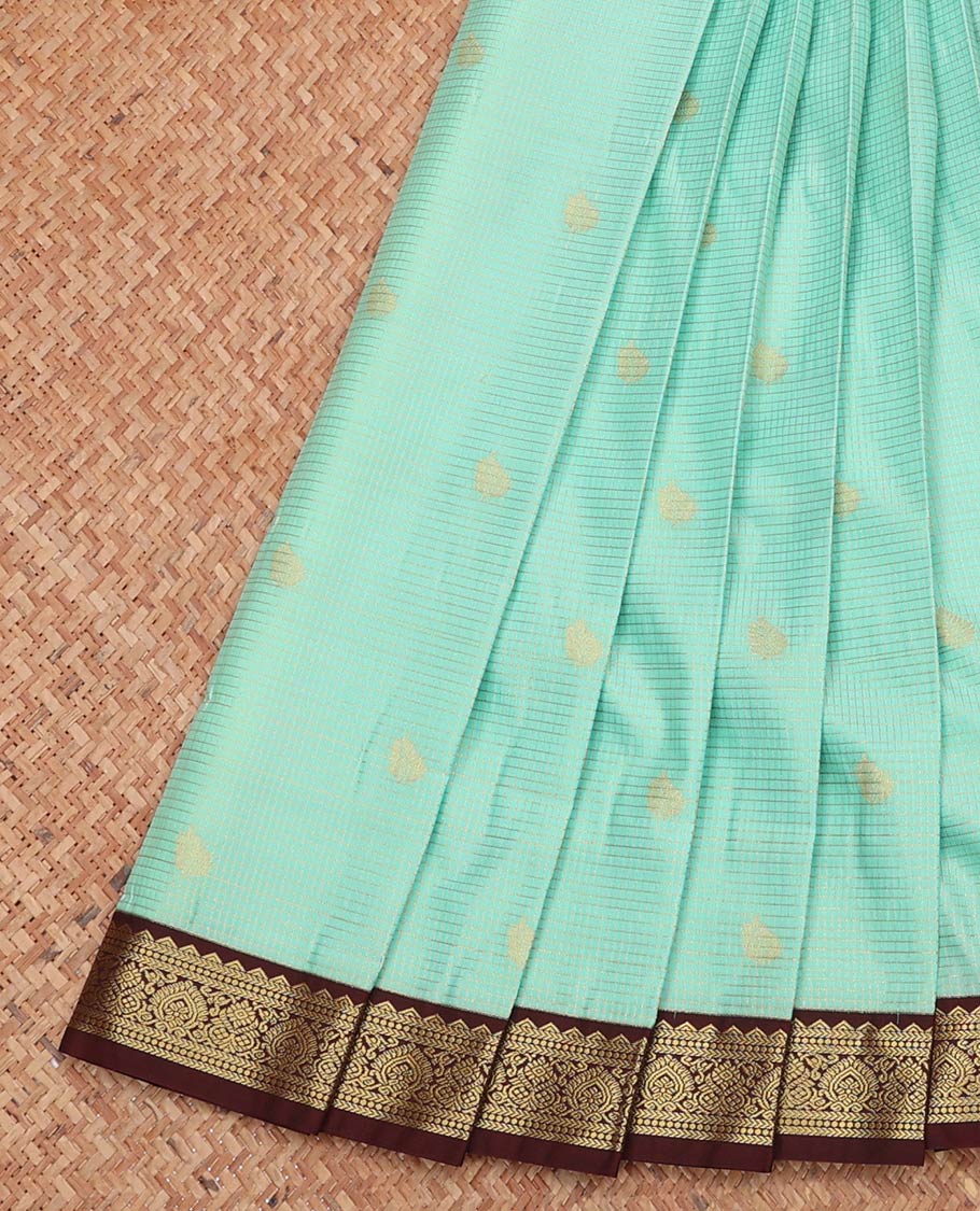 Turquoise Budget Silk Saree, Embellished with Zari Buttas and Checks, Complemented by a Contrast Traditional Zari Border, Grand Pallu, and a Contrast Blouse