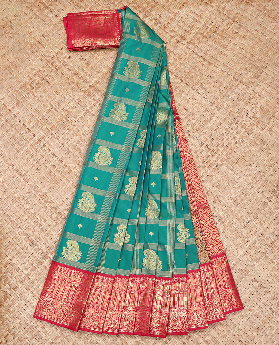 Green Budget Silk Saree, Decked Up with Paisley Butta Enclosed Checks on Its Body, Complemented by a Contrast Traditional Zari Design Border, Grandly Decked Up Pallu, and Paired with a Contrast Blouse