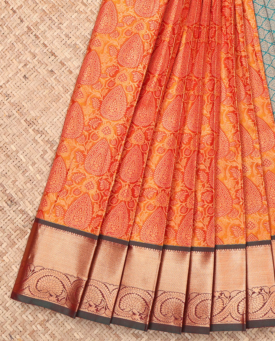 Orange Budget Silk Saree, Enriched with Jacquard Design, Complemented by a Contrast Traditional Zari Border, Jaal Pallu, and Contrast Blouse