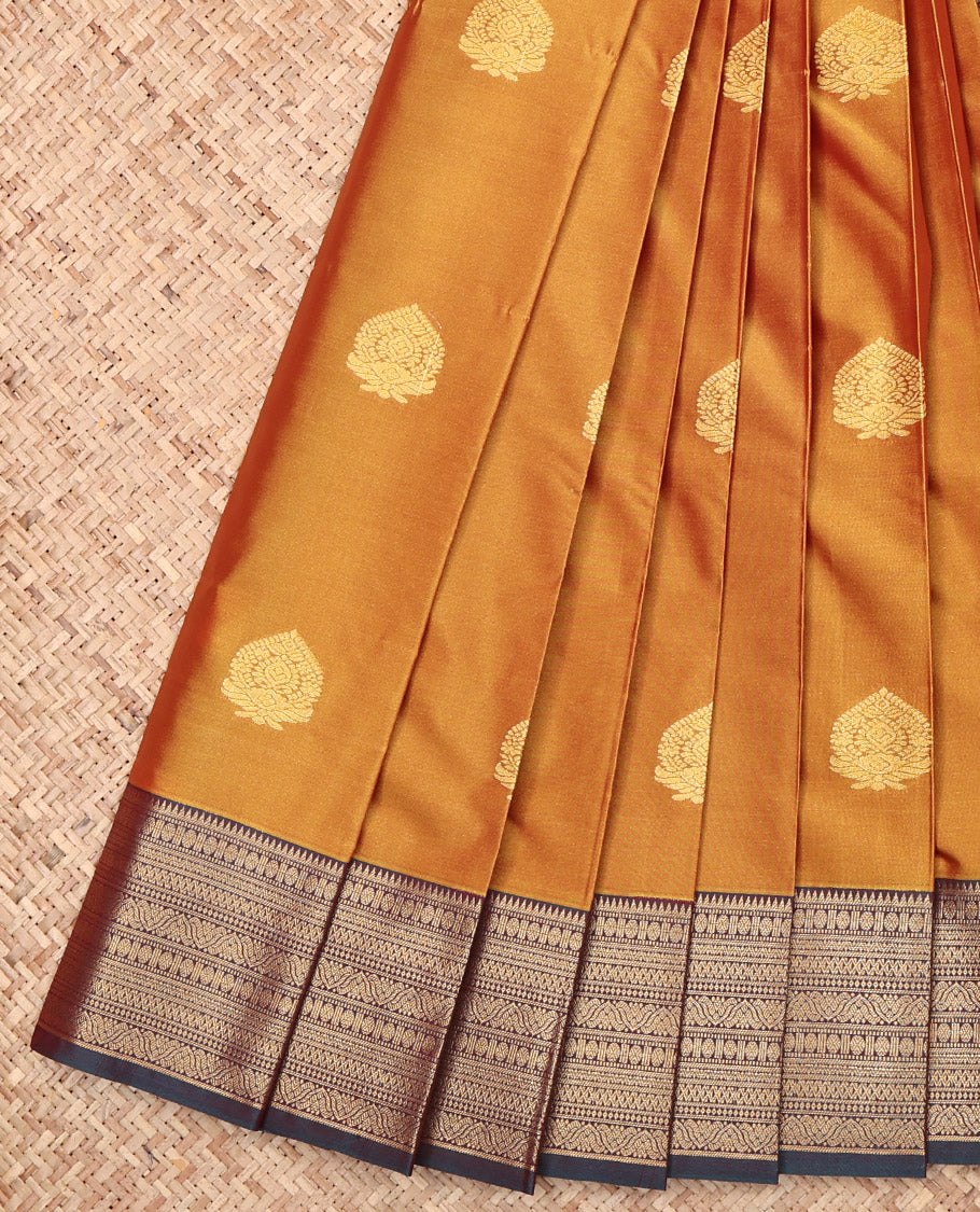 Orange Budget Silk Saree, Decorated with Zari Buttas, Complemented by a Contrast Traditional Zari Border, Jaal Pallu, and a Contrast Blouse