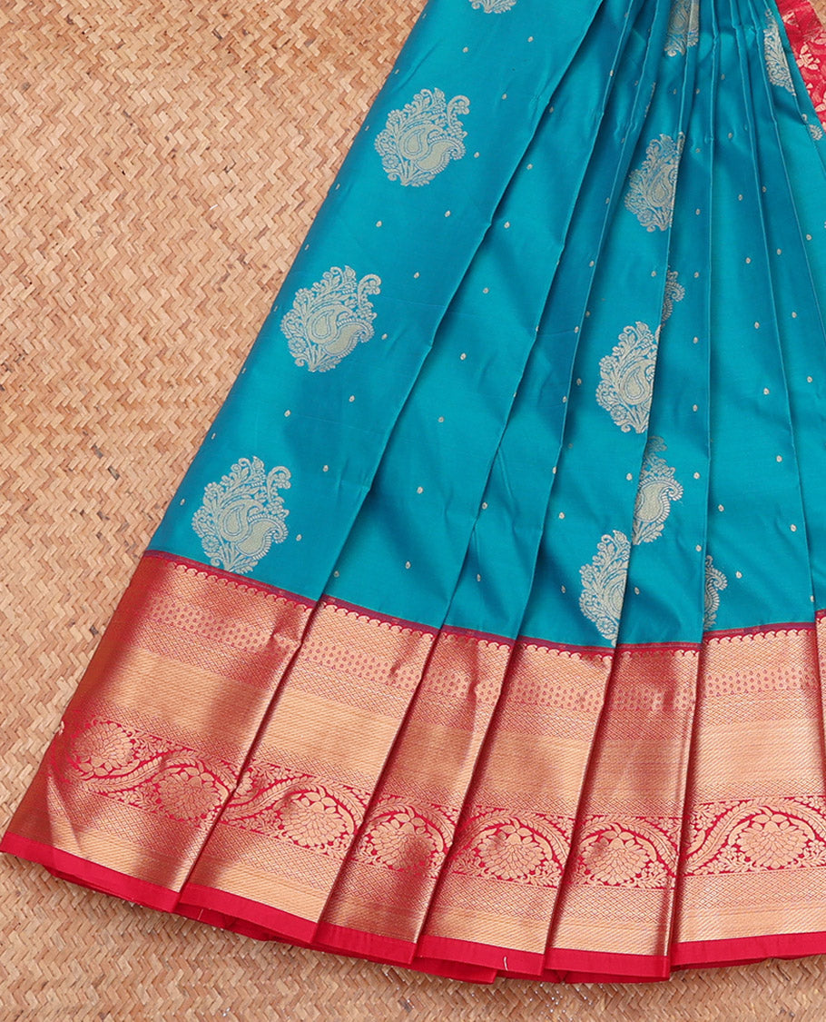 Blue Budget Silk Saree, Detailed with Zari Buttas, Complemented by a Contrast Traditional Zari Border, Grand Pallu, and a Contrast Blouse