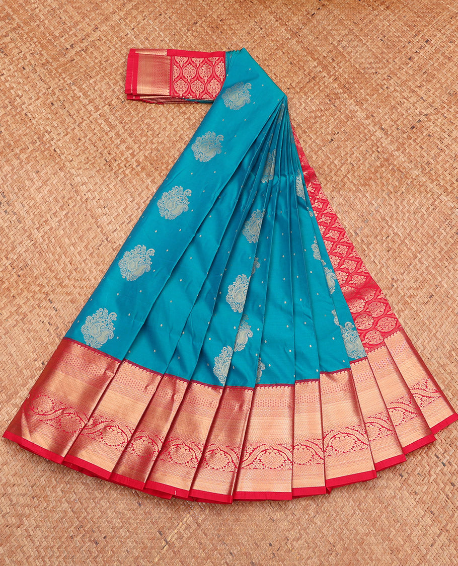 Blue Budget Silk Saree, Detailed with Zari Buttas, Complemented by a Contrast Traditional Zari Border, Grand Pallu, and a Contrast Blouse