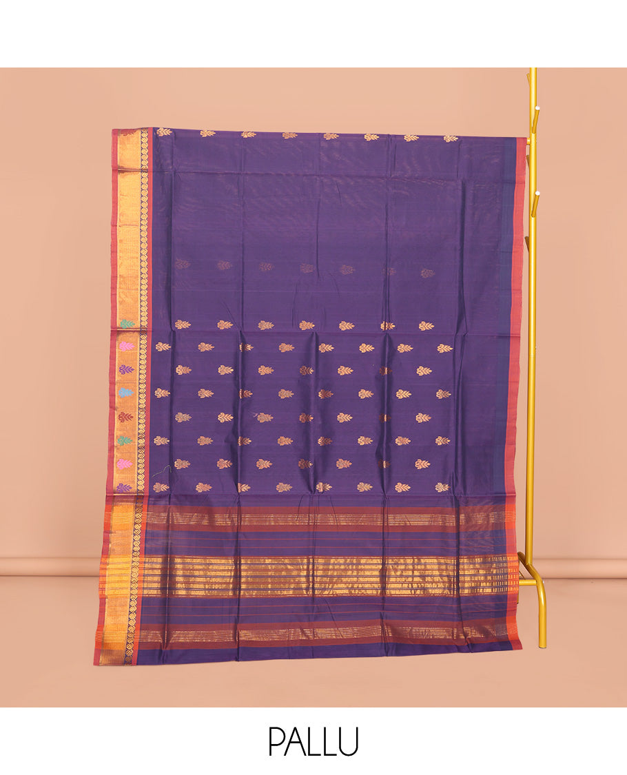 Ink Blue Venkatagiri Cotton Saree Features Buttas, a Contrast Zari-Thread Border, Pallu of Stripes, and No Blouse