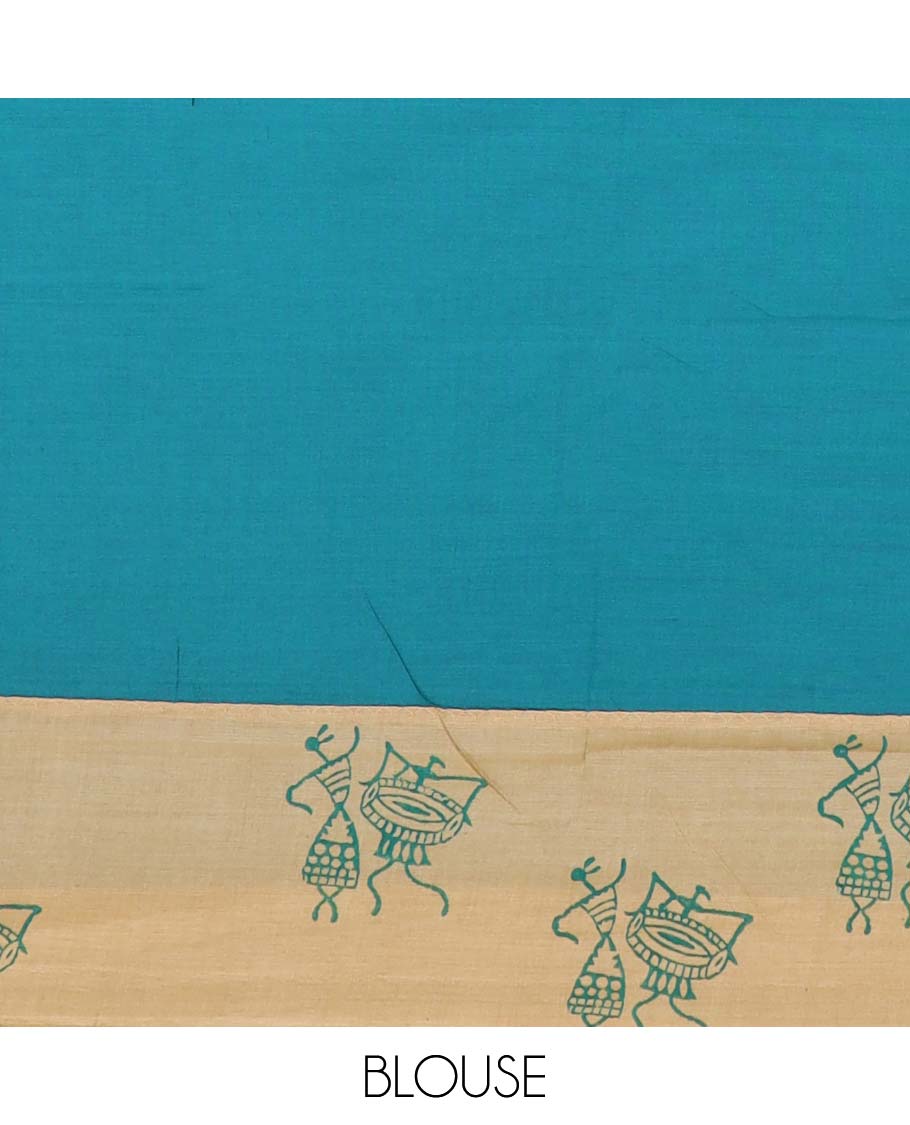 Sandal warli and peacock motifs printed poly cotton saree, contrast warli motifs border, and pallu of wedding palanquin design