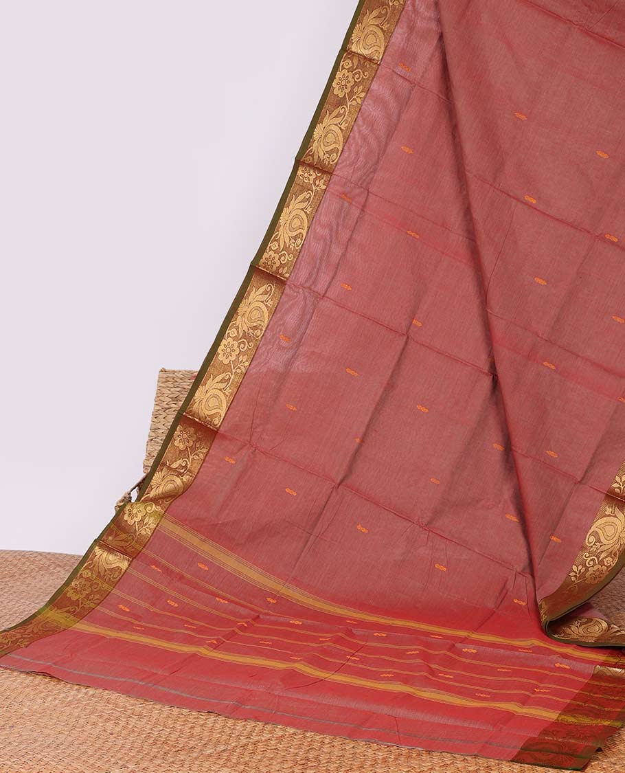 Red Chettinad cotton saree with buttas, contrast floral & paisley design border & striped pallu