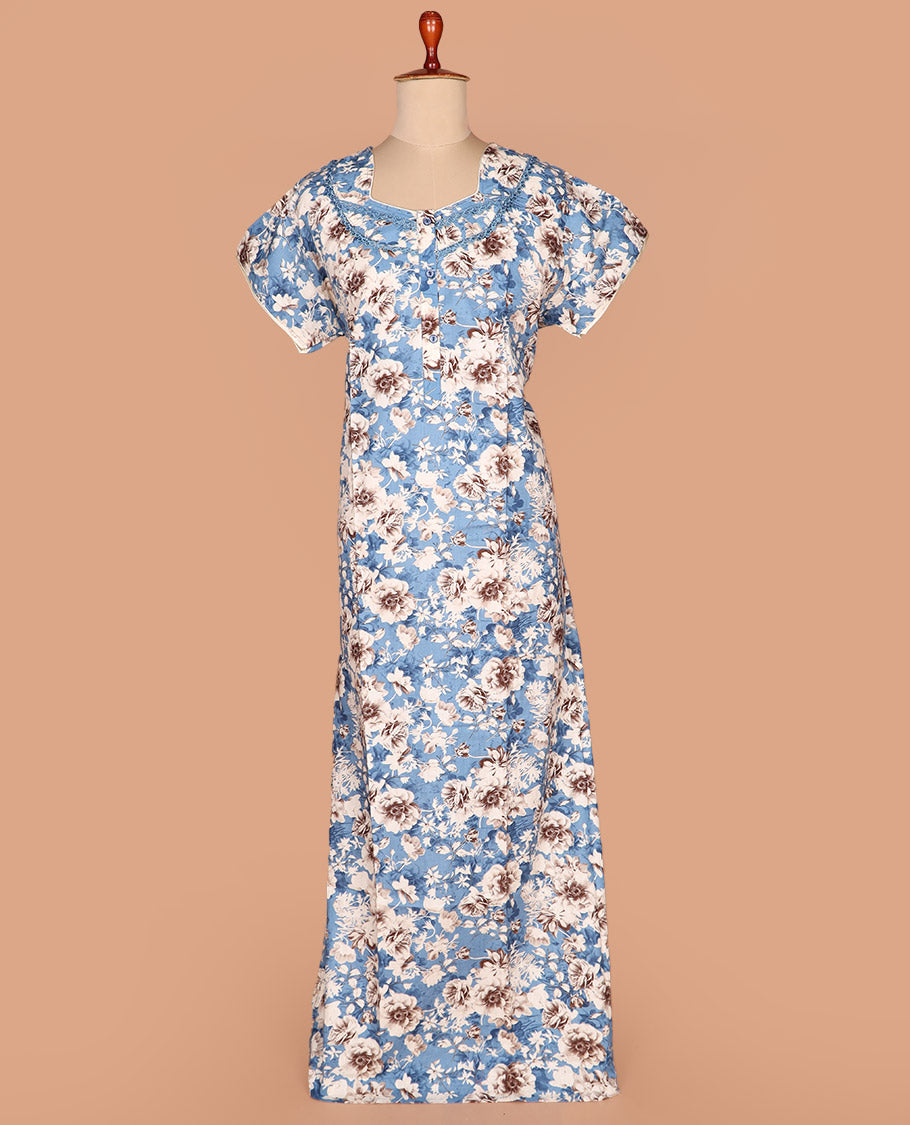 Blue floral print with half-hexogon shaped neck half-sleeve cotton nighty