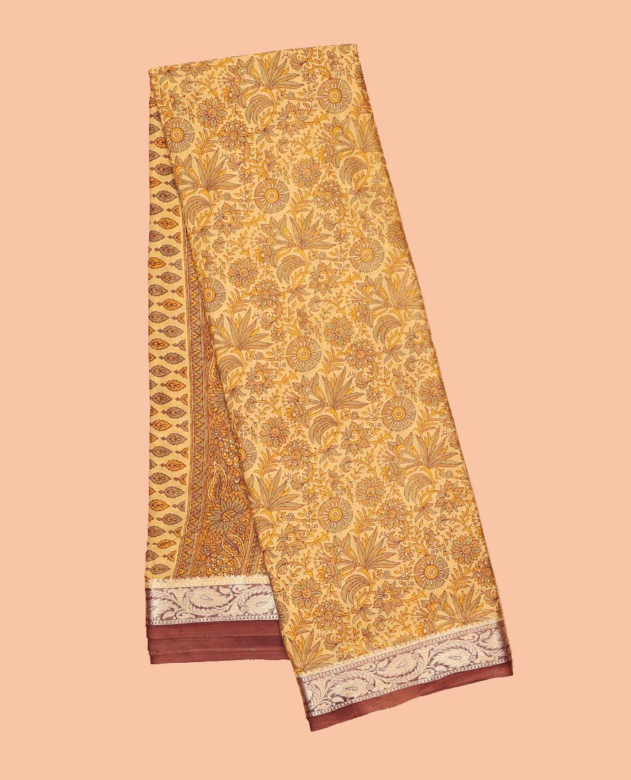 Orange floral printed semi-banaras printed saree, contrast paisley vine border & intricate pallu