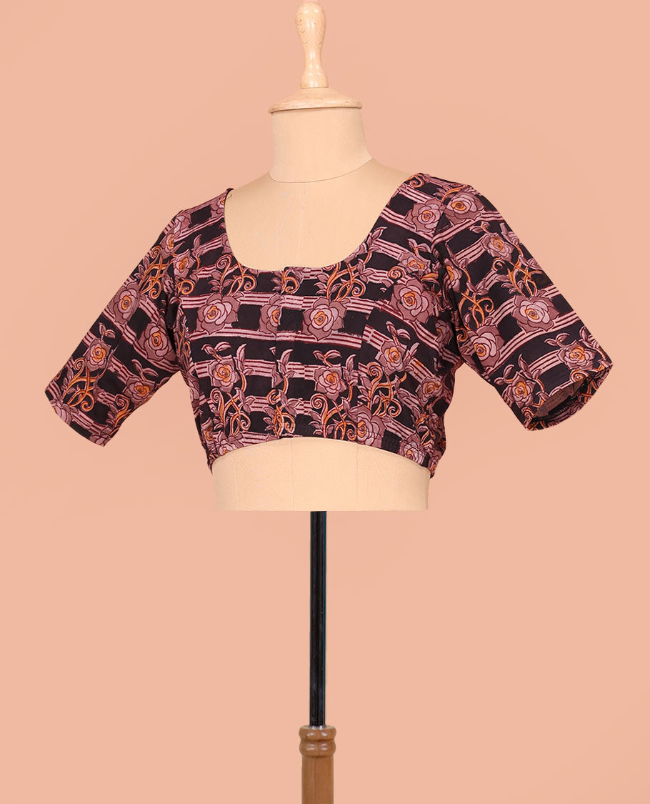Black and Brown Cotton Readymade Blouse Subtly Sparked with Floral and Geometric Print, Featuring a Front Round-Neck, a Back Round-Neck, and Elbow Sleeves