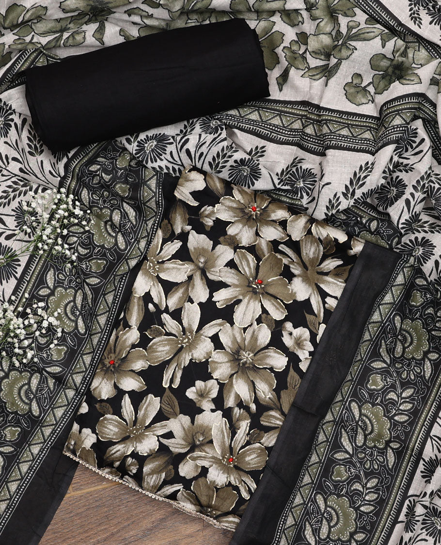 Black material chudidar set, floral printed top, plain bottom and floral printed dupatta
