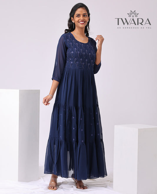 Twara blue floral embroidered round neck , 3/4 th sleeve , full lenght kurti