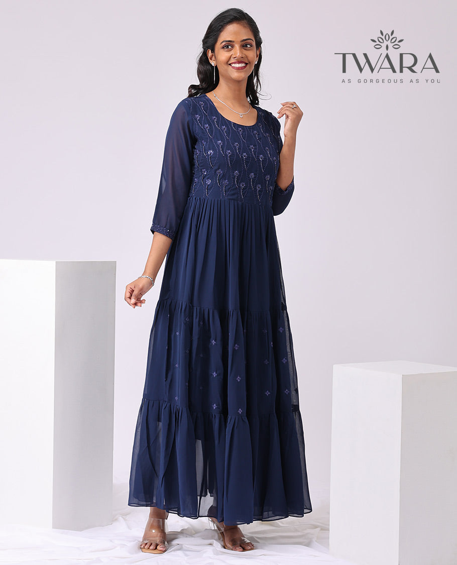 Twara blue floral embroidered round neck , 3/4 th sleeve , full lenght kurti