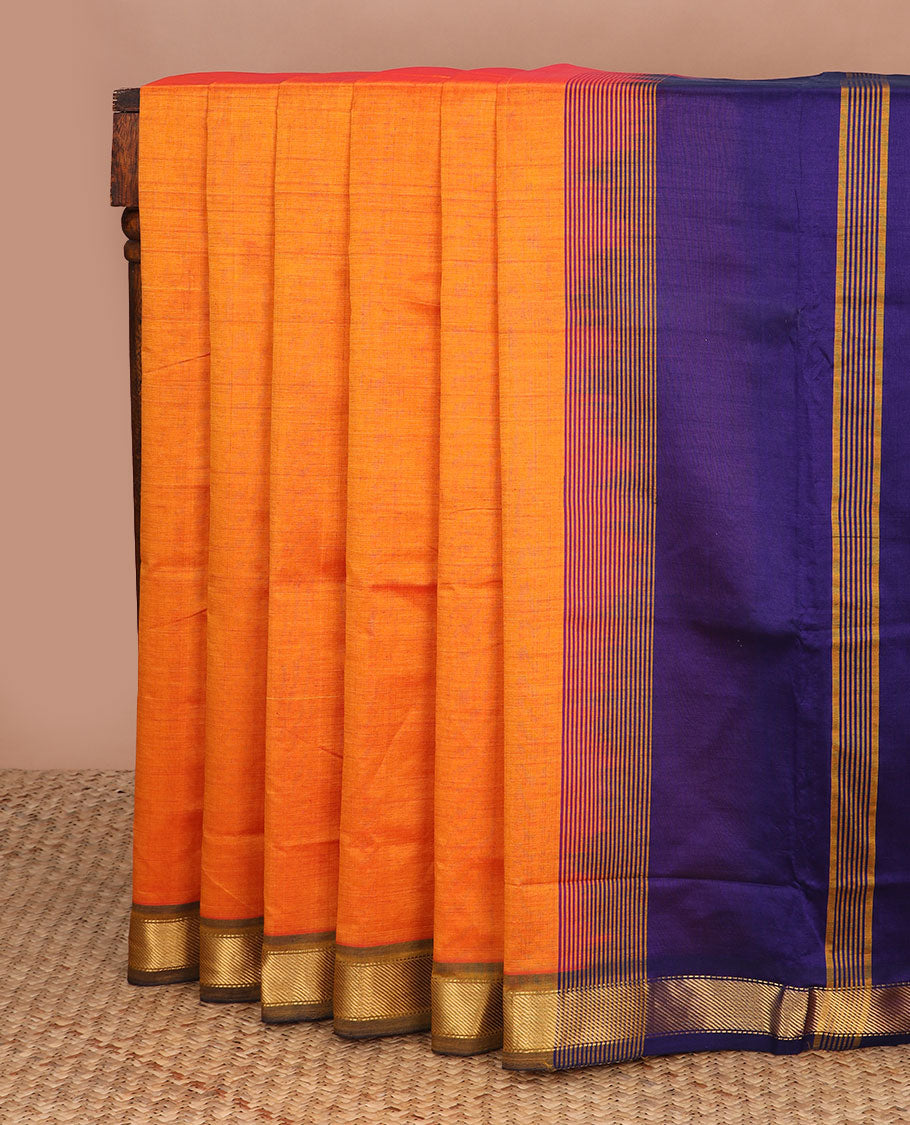 Orange plain design poly cotton saree, contrast zari border & striped pallu