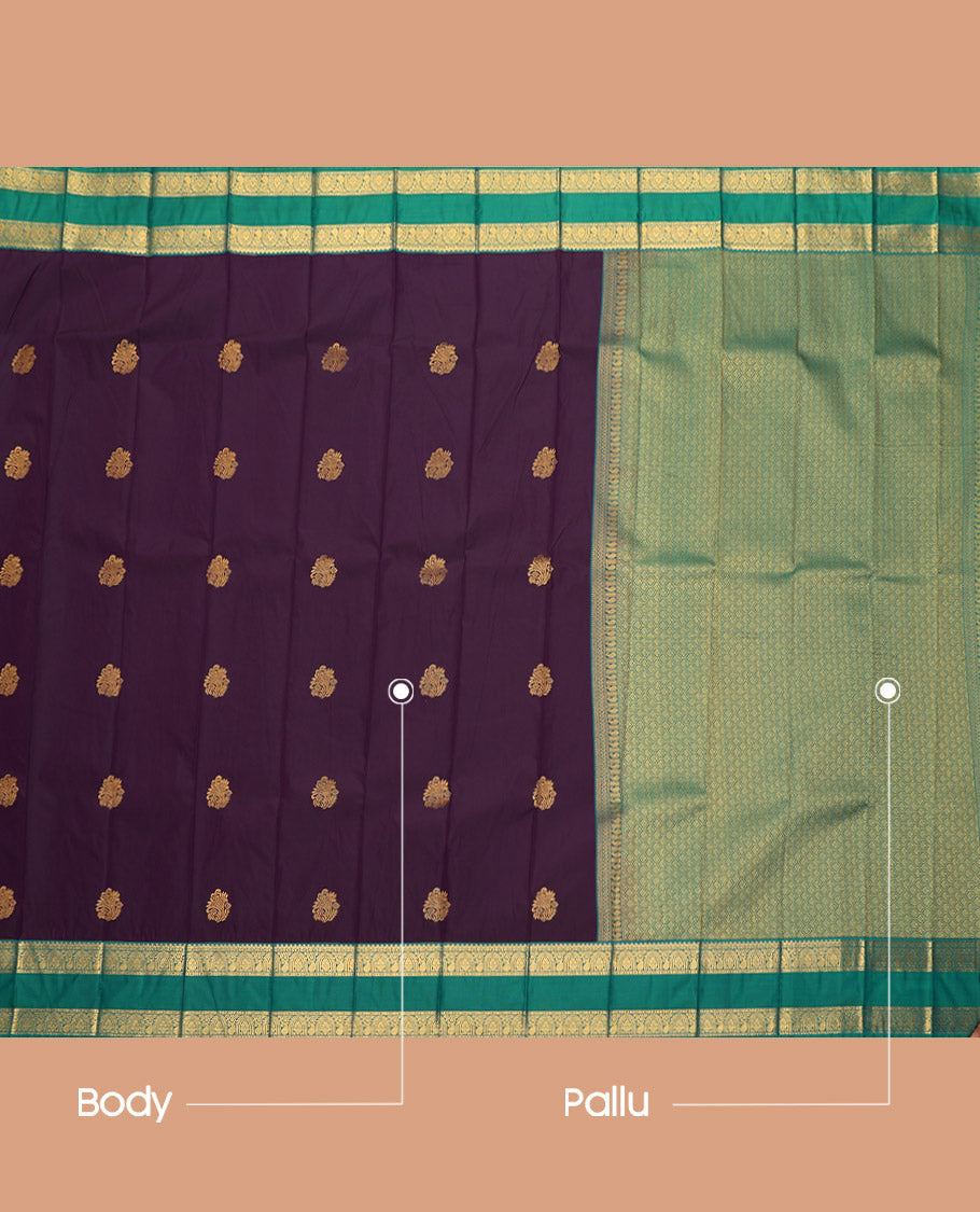 Dark Purple Budget Silk Saree, Decorated with Zari Buttas, Complemented by a Contrast Traditional Zari Rettai Pettu Border, Grand Pallu, and Contrast Blouse
