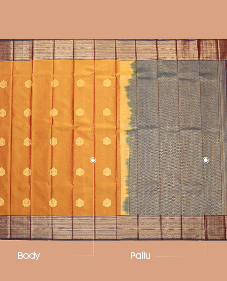 Orange Budget Silk Saree, Decorated with Zari Buttas, Complemented by a Contrast Traditional Zari Border, Jaal Pallu, and a Contrast Blouse