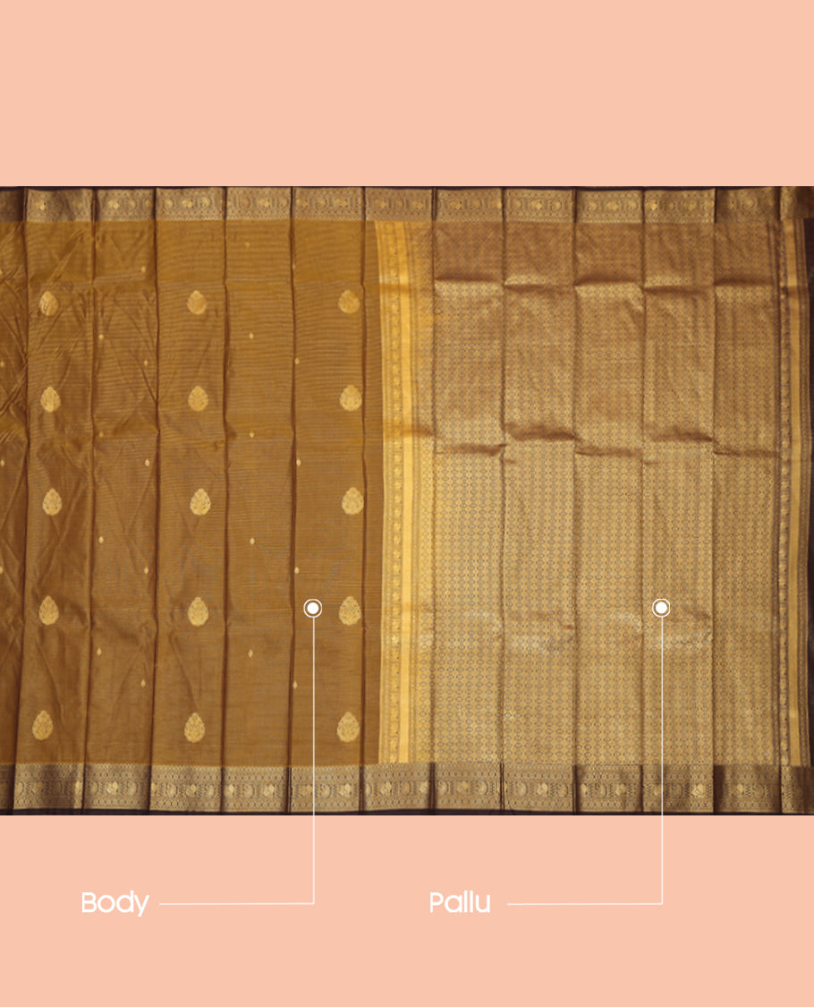 Brown Budget Silk Saree, Adorned with Zari Buttas and Stripes, Complemented by Contrast Traditional Zari Border, a Jaal Pallu and a Contrast Blouse