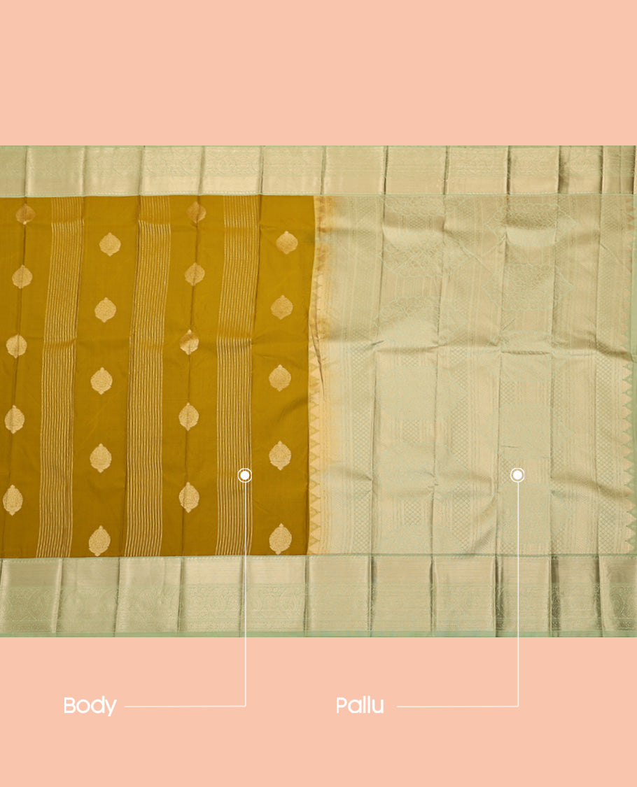 Green Budget Silk Saree, Gleamed Up with Zari Buttas and Stripes, a Contrast Traditional Zari Border, Grand Pallu, and a Contrast Blouse