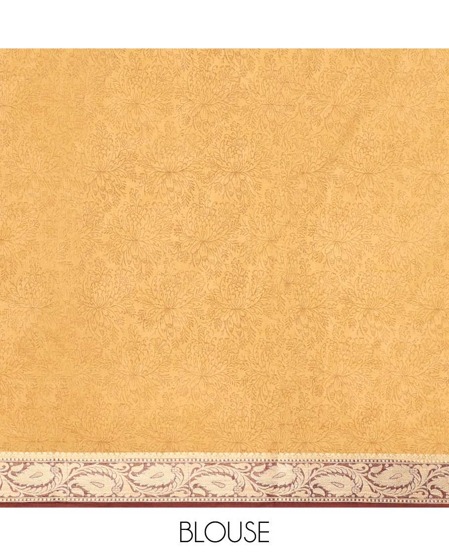 Orange floral printed semi-banaras printed saree, contrast paisley vine border & intricate pallu
