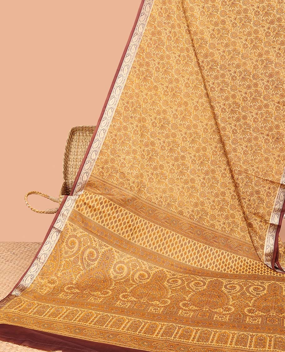 Orange floral printed semi-banaras printed saree, contrast paisley vine border & intricate pallu