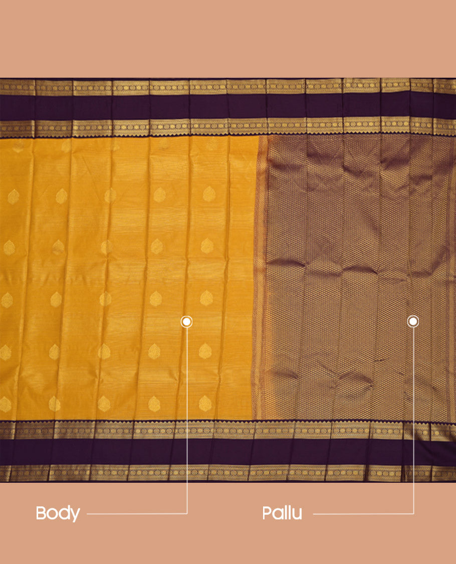 Yellow Budget Silk Saree, Subtly Sparkled with Zari Buttas and Stripes on Its Body, Complemented by a Contrast Traditional Zari Design Rettai Pettu Border, Grand Jaal-Patterned Pallu, and Paired with a Contrast Blouse