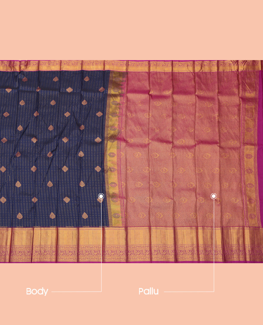 Green Budget Silk Saree, Showcasing Zari Buttas, a Contrast Traditional Zari Border, Grand Pallu, and a Contrast Blouse