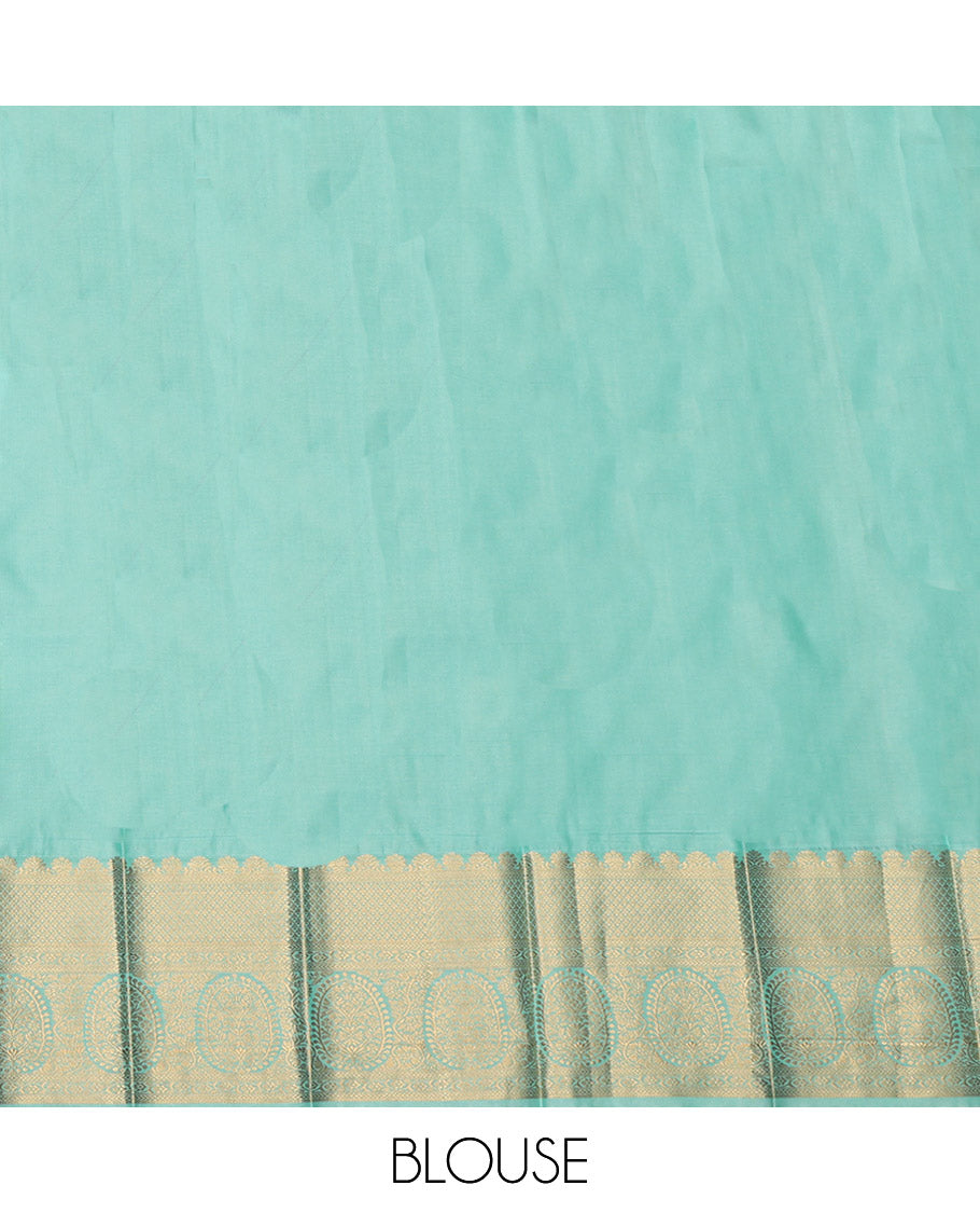 Orange Budget Silk Saree, Impeccably Styled with Tree Zari Buttas, Complemented by a Contrast Traditional Border, Grand Pallu, and a Contrast Blouse