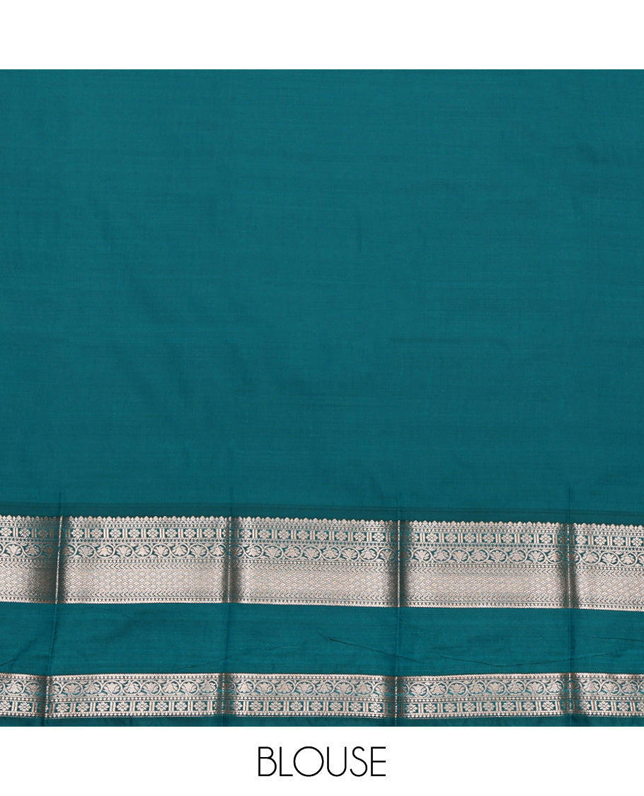 Red Budget Silk Saree, Highlighted by Zari Buttas on Its Body, Complemented by a Contrast Traditional Zari Design Rettai Pettu Border, Intricately Designed Pallu, and Paired with a Contrast Blouse