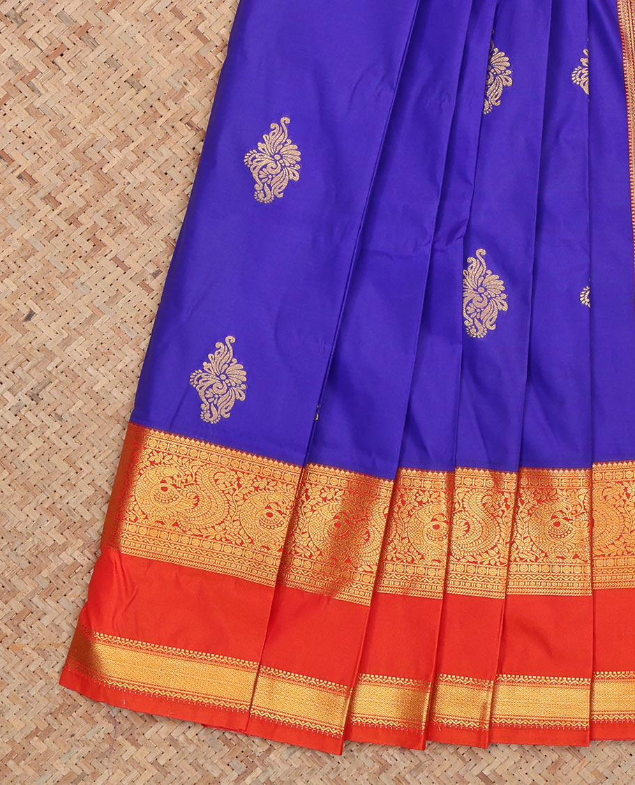 Blue Budget Silk Saree, Graced with Zari Buttas, Complemented by Contrast Traditional Rettai Pettu Border, a Jaal Pallu and a Contrast Blouse