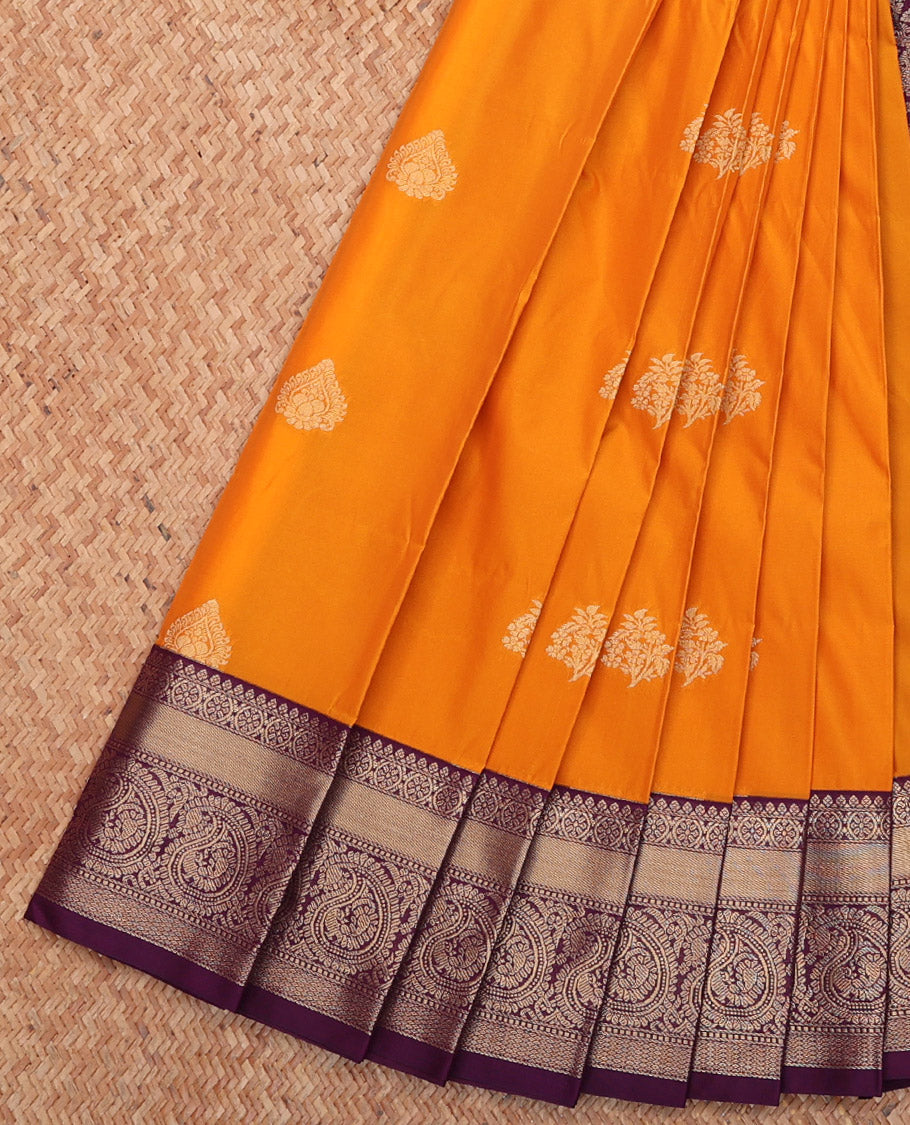 Orange Budget Silk Saree, Ornamented with Zari Buttas, Complemented by a Contrast Traditional Zari Border, Grand Pallu, and Contrast Blouse