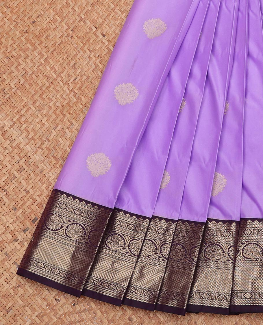 Lavender Budget Silk Saree, Subtly Sparkled with Zari Buttas, Complemented by a Contrast Traditional Zari Border, Grand Pallu, and a Contrast Blouse
