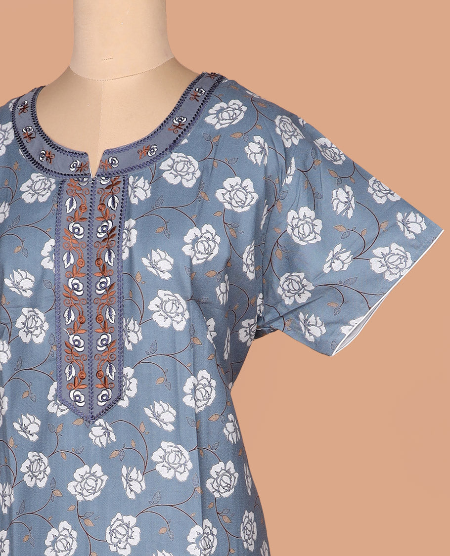 Grey floral vine printed with round neck embroidered half-sleeve cotton nighty