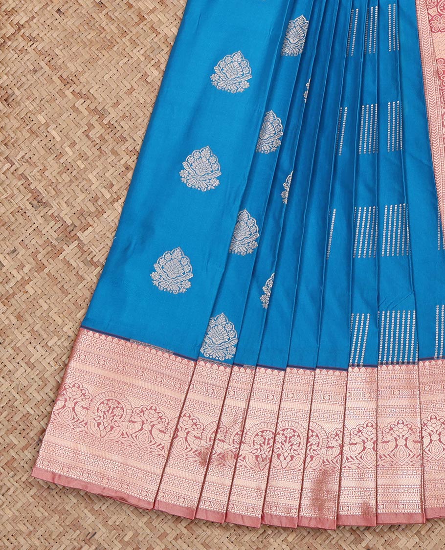 Blue Budget Silk Saree, Delicately Woven with Zari Buttas on Its Body, Complemented by a Contrast Traditional Zari Design Border, Intricately Designed Pallu, and Paired with a Contrast Blouse