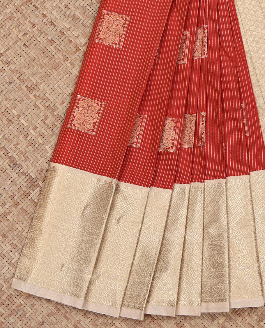 Red Budget Silk Saree, Finely Crafted with Zari Buttas and Stripes on Its Body, Complemented by a Contrast Traditional Zari Design Border, Grand Jaal Pallu, and Paired with a Contrast Blouse