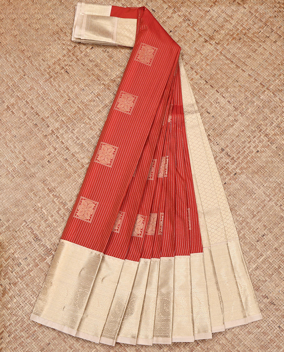 Red Budget Silk Saree, Finely Crafted with Zari Buttas and Stripes on Its Body, Complemented by a Contrast Traditional Zari Design Border, Grand Jaal Pallu, and Paired with a Contrast Blouse