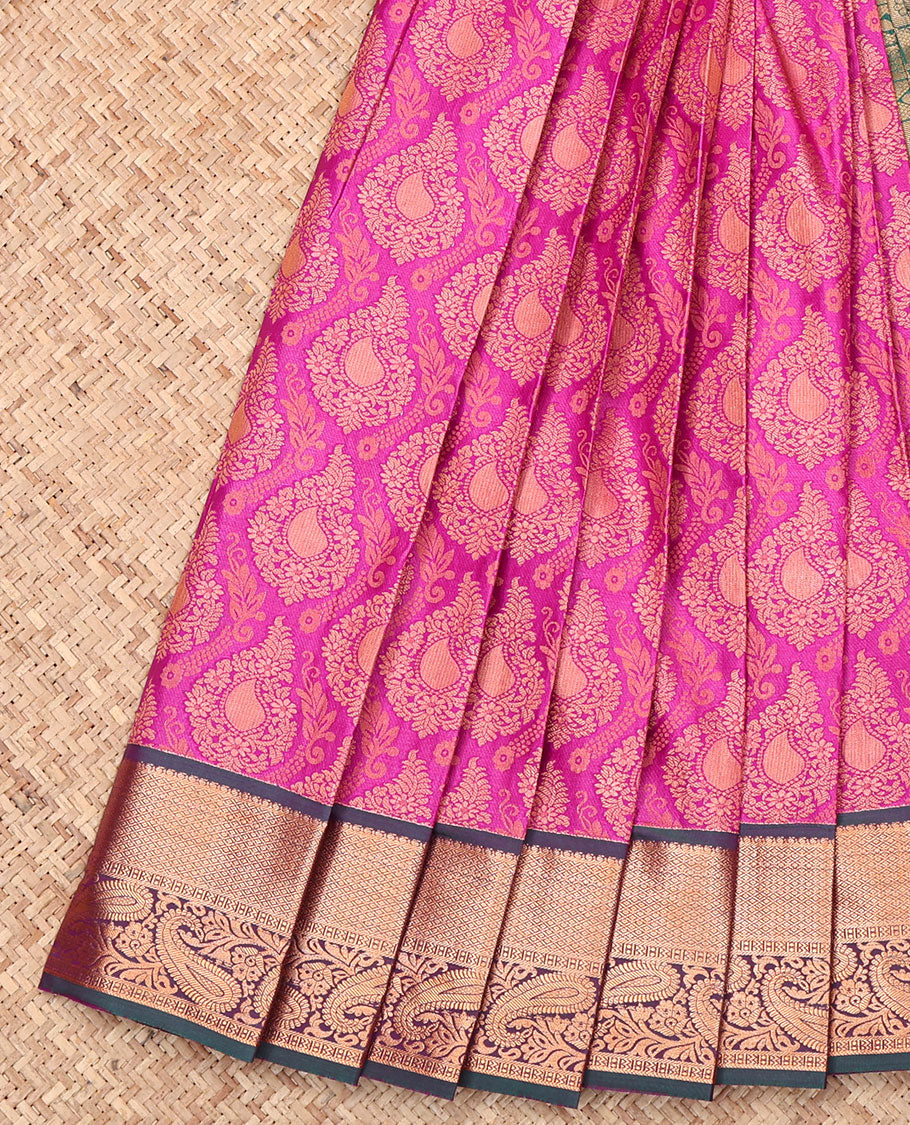 Pink Budget Silk Saree, Detailed with Jacquard Design, Complemented by a Contrast Paisley Zari Border, Grand Pallu, and Contrast Blouse