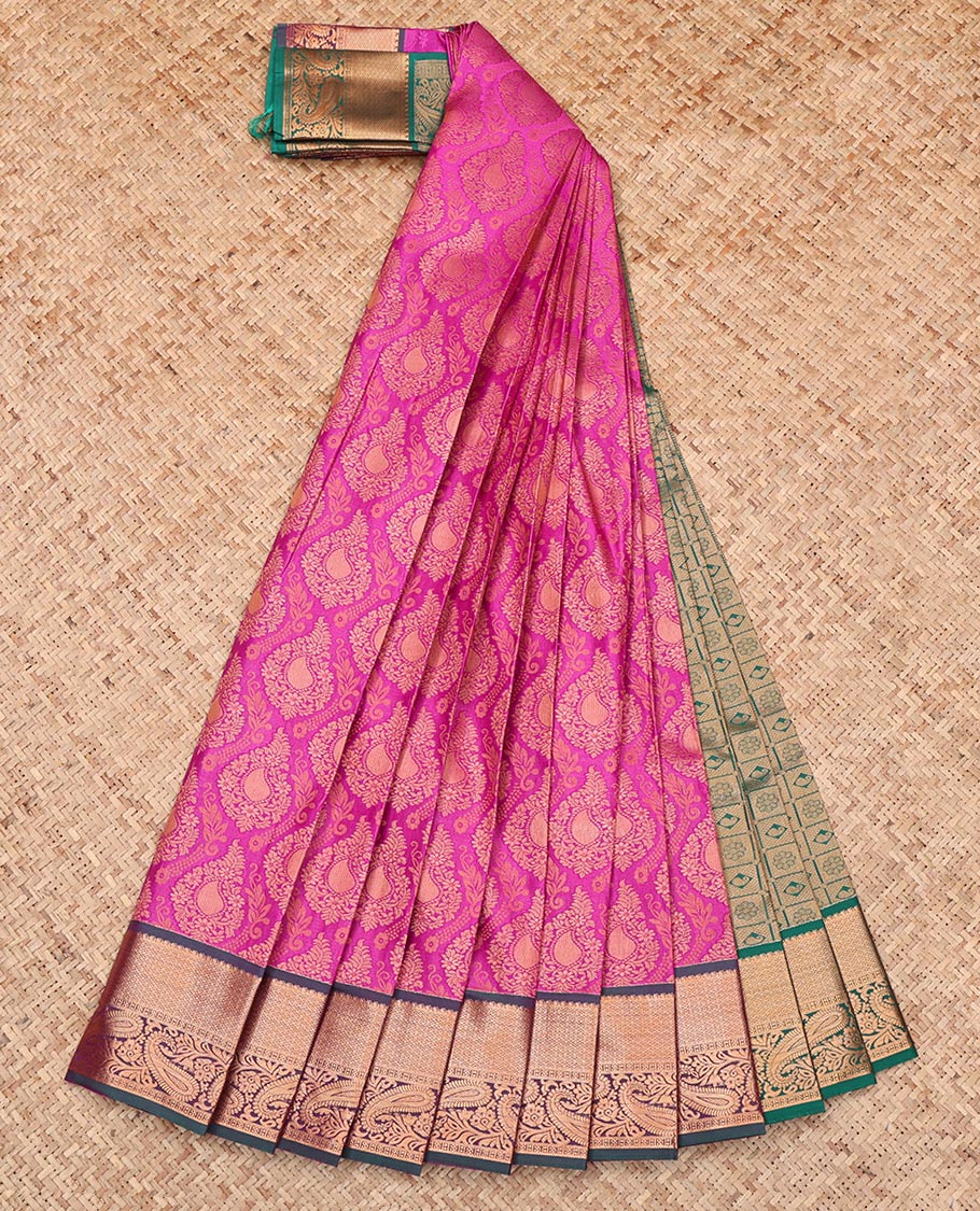 Pink Budget Silk Saree, Detailed with Jacquard Design, Complemented by a Contrast Paisley Zari Border, Grand Pallu, and Contrast Blouse