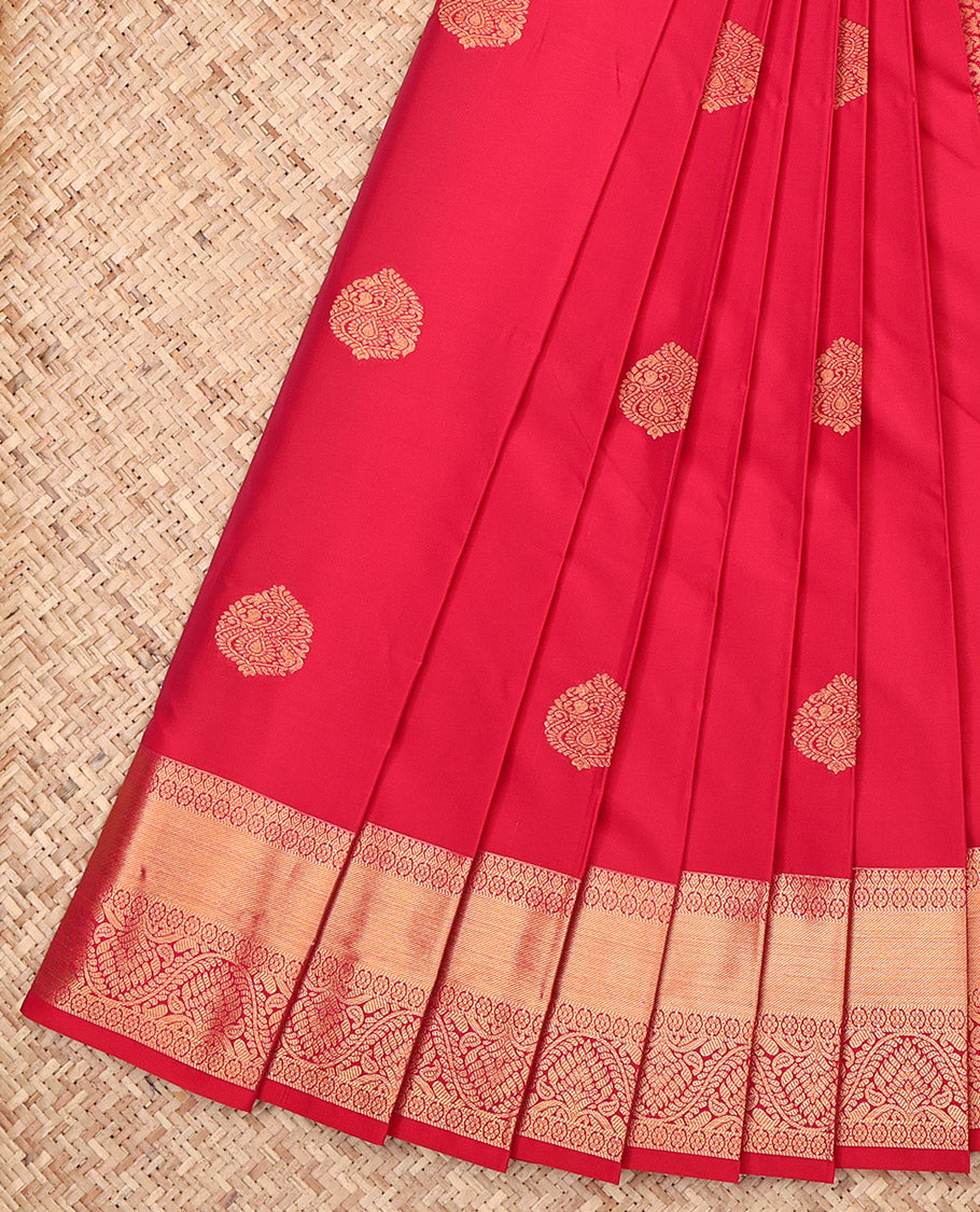 Red Budget Silk Saree, Decked Up with Zari Buttas, Highlighted by a Traditional Zari Border, Intricate Pallu, and a Matching Blouse