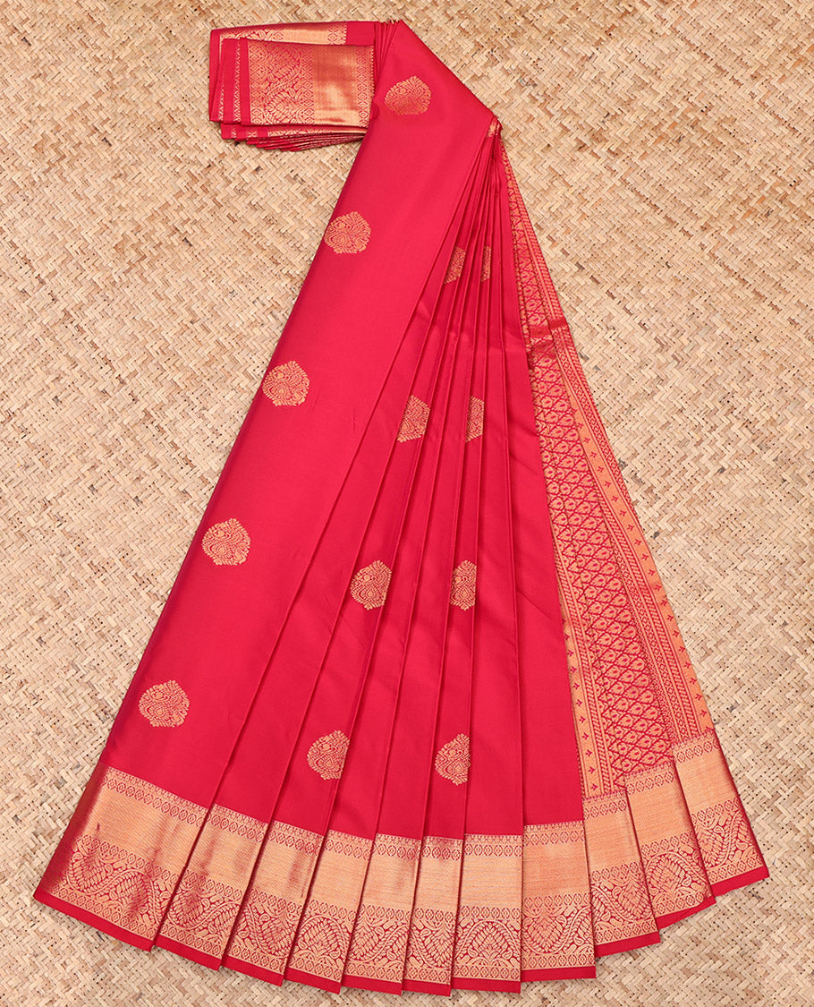 Red Budget Silk Saree, Decked Up with Zari Buttas, Highlighted by a Traditional Zari Border, Intricate Pallu, and a Matching Blouse