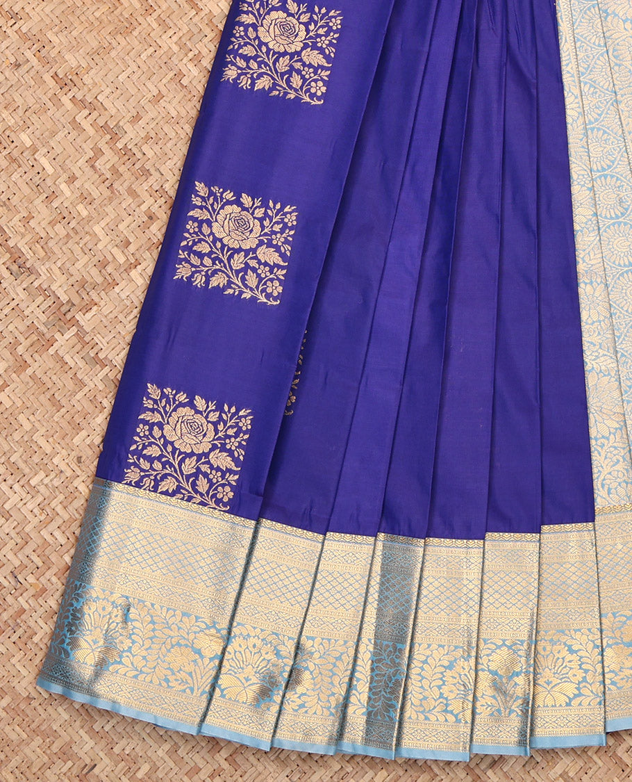 Blue Budget Silk Saree, Gleamed Up with Zari Buttas, Complemented by a Contrast Traditional Border, Grand Pallu, and a Contrast Blouse