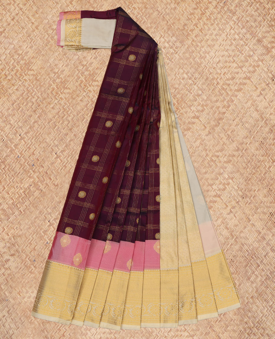 Maroon Budget Silk Saree, Enriched with Zari Buttas and Checks, a Contrast Traditional Zari Border, Sparsely Woven Pallu, and a Contrast Blouse