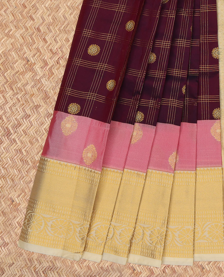 Maroon Budget Silk Saree, Enriched with Zari Buttas and Checks, a Contrast Traditional Zari Border, Sparsely Woven Pallu, and a Contrast Blouse