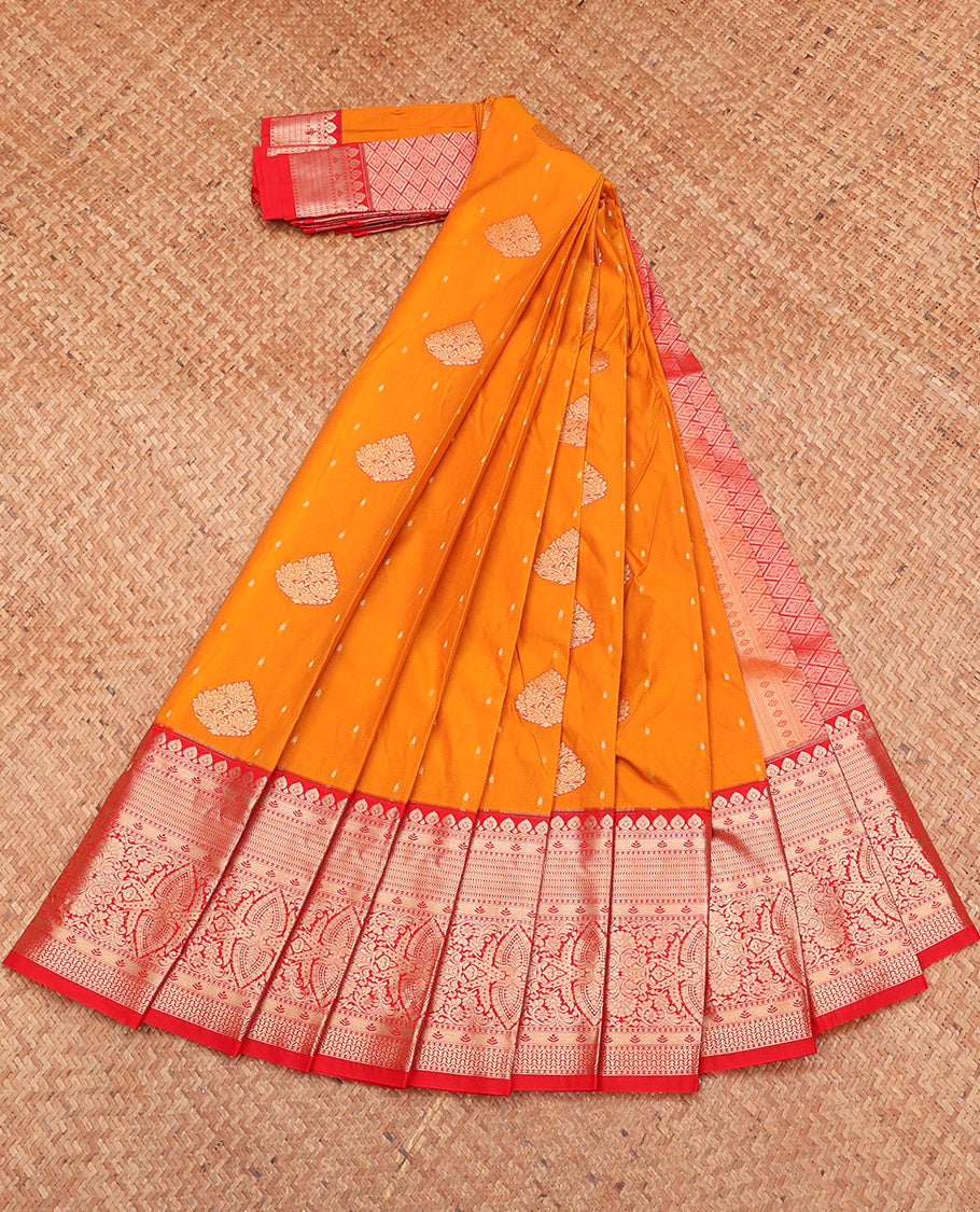 Orange Budget Silk Saree, Impeccably Styled with Zari Buttas, Complemented by a Contrast Traditional Zari Border, Grand Pallu, and a Contrast Blouse