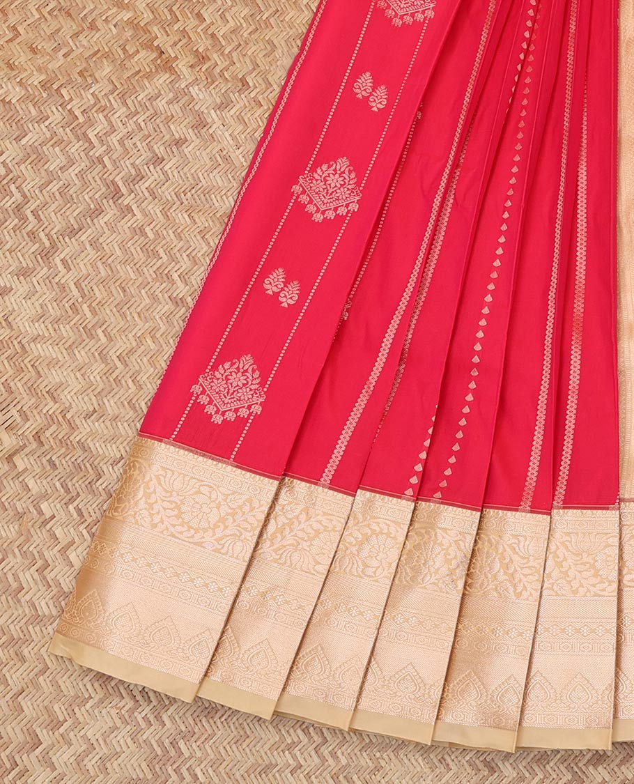 Red Budget Silk Saree, Woven with Stripes and Buttas, Complemented by Contrast Traditional Zari Border, a Grand Pallu and a Contrast Blouse
