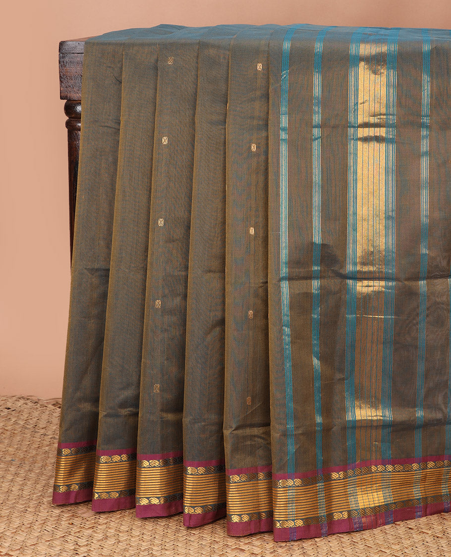 Brown zari buttas Venkatagiri cotton saree, contrast traditional zari border, and striped pallu