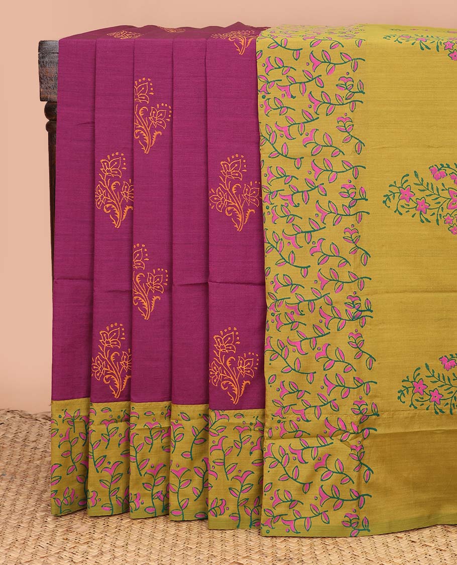 Purple floral motifs printed poly cotton saree, contrast floral motifs border, and pallu of floral design