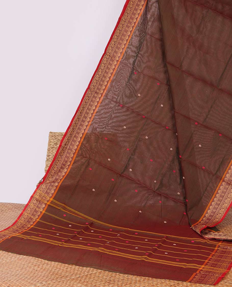Brown buttas Chettinad cotton saree, contrast traditional design border & striped pallu