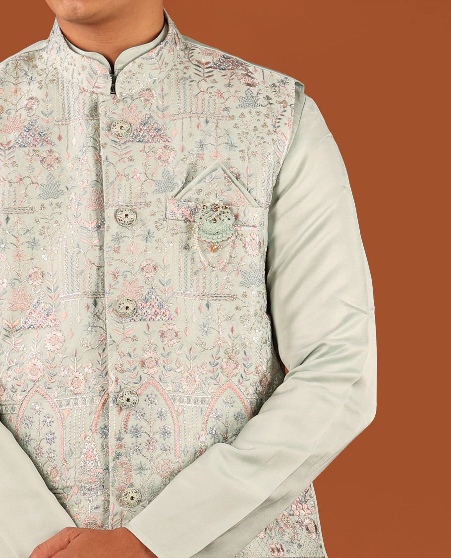 Pale Green Plain Full-Sleeved Men's Kurta Comes with a Mughal-Style Mixed-Embroidered Half-Sleeve Jacket and Matching Pants