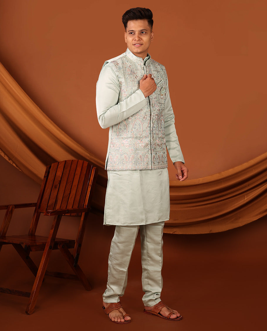 Pale Green Plain Full-Sleeved Men's Kurta Comes with a Mughal-Style Mixed-Embroidered Half-Sleeve Jacket and Matching Pants