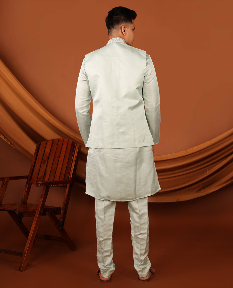 Pale Green Plain Full-Sleeved Men's Kurta Comes with a Mughal-Style Mixed-Embroidered Half-Sleeve Jacket and Matching Pants