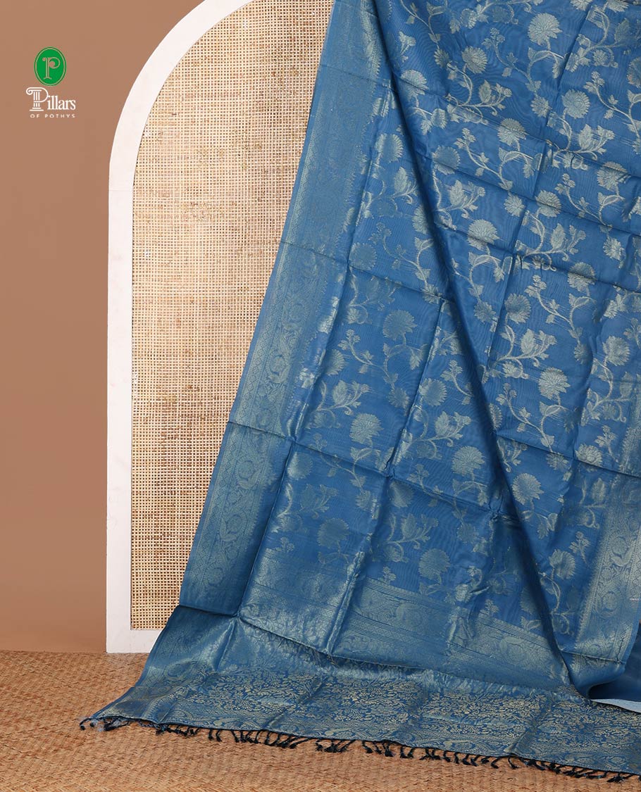 Blue floral jaal jacquard banaras brasso saree,traditional zari border,floral jaal zari weave pallu & zari design blouse