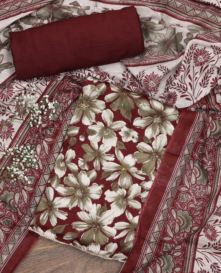 Brown material chudidar set, floral printed top, plain bottom and floral printed dupatta